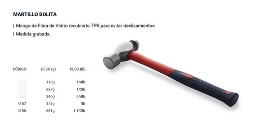 Martillo Bolita Mango Fibra + Tpr 227 Gramos 1/2 Lbs Bremen - Imagen 2