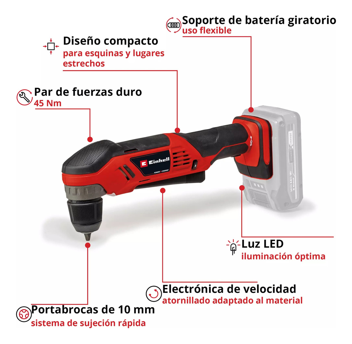 Taladro Angular Inalambrico Einhell Te-ad 18 Li Bat 4.0ah - Imagen 2