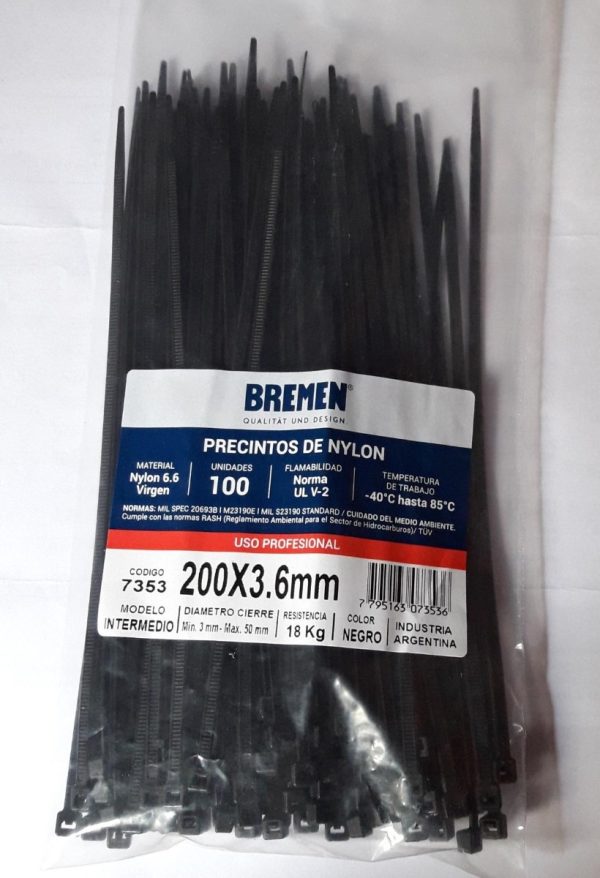 Precinto Prensacable Nylon 200mm X 3.6mm 100u Bremen - Imagen 2