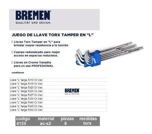 Juego Llaves Torx Largas Bremen(R) 4159 9 Pz T10 A T50 - Imagen 3