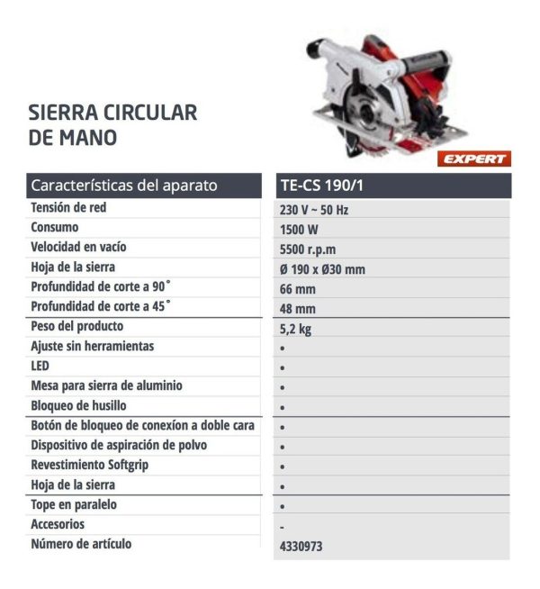 Sierra Circular 1500w 5500rpm Te-cs 190/1 Einhell - Imagen 2
