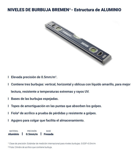 Nivel De Burbuja Bremen 7708 Aluminio 3 Burbujas 100cm 1 Mt - Imagen 2