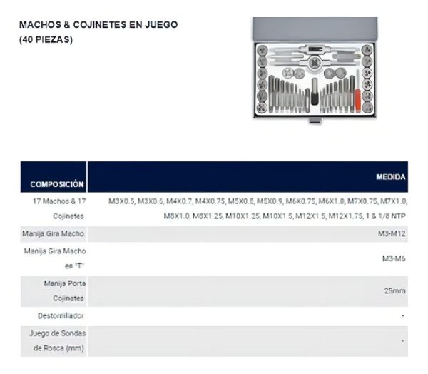 Set Juego Machos Cojinetes Terrajas 40 Piezas Mm Bremen 7456 - Imagen 2