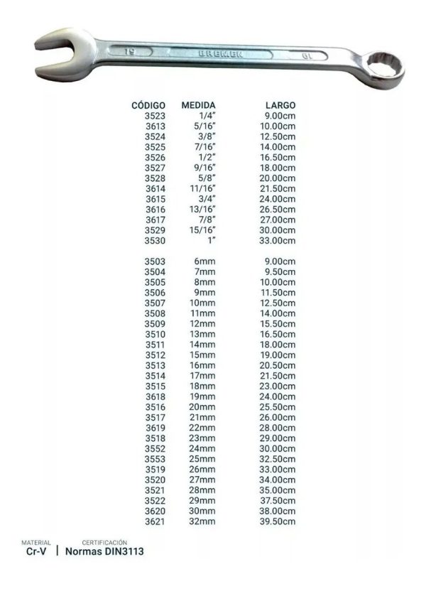 Llave Fija Combinada Acodada 16mm Profesional Bremen - Imagen 3