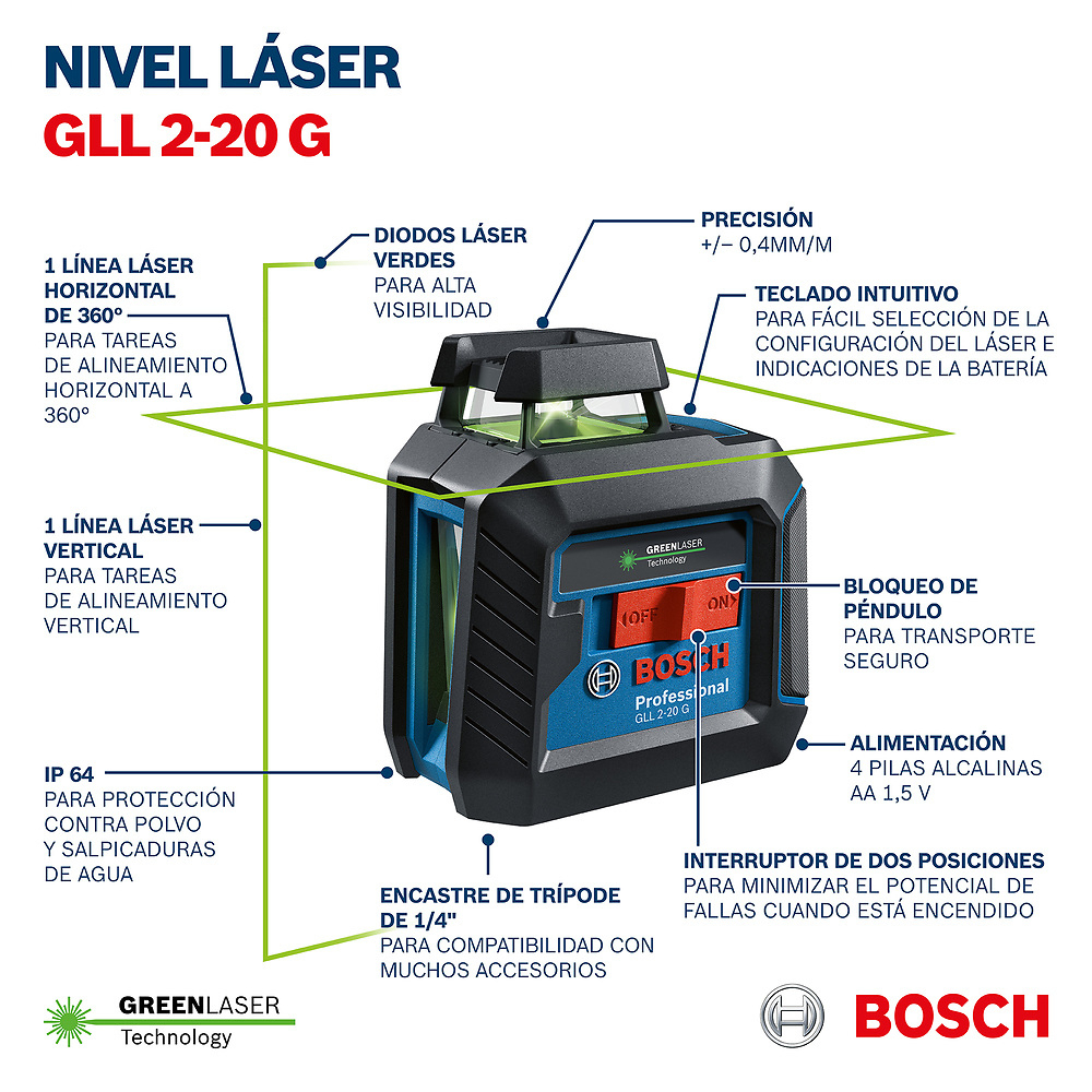 Nivel Laser Verde 360 Bosch Gll2-20 G + Pilas + Tripode - Imagen 6