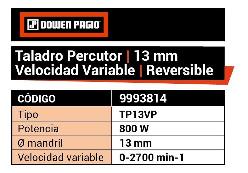 Taladro Percutor 13mm Vel Variable 800 W Dowen Pagio 9993814 - Imagen 2