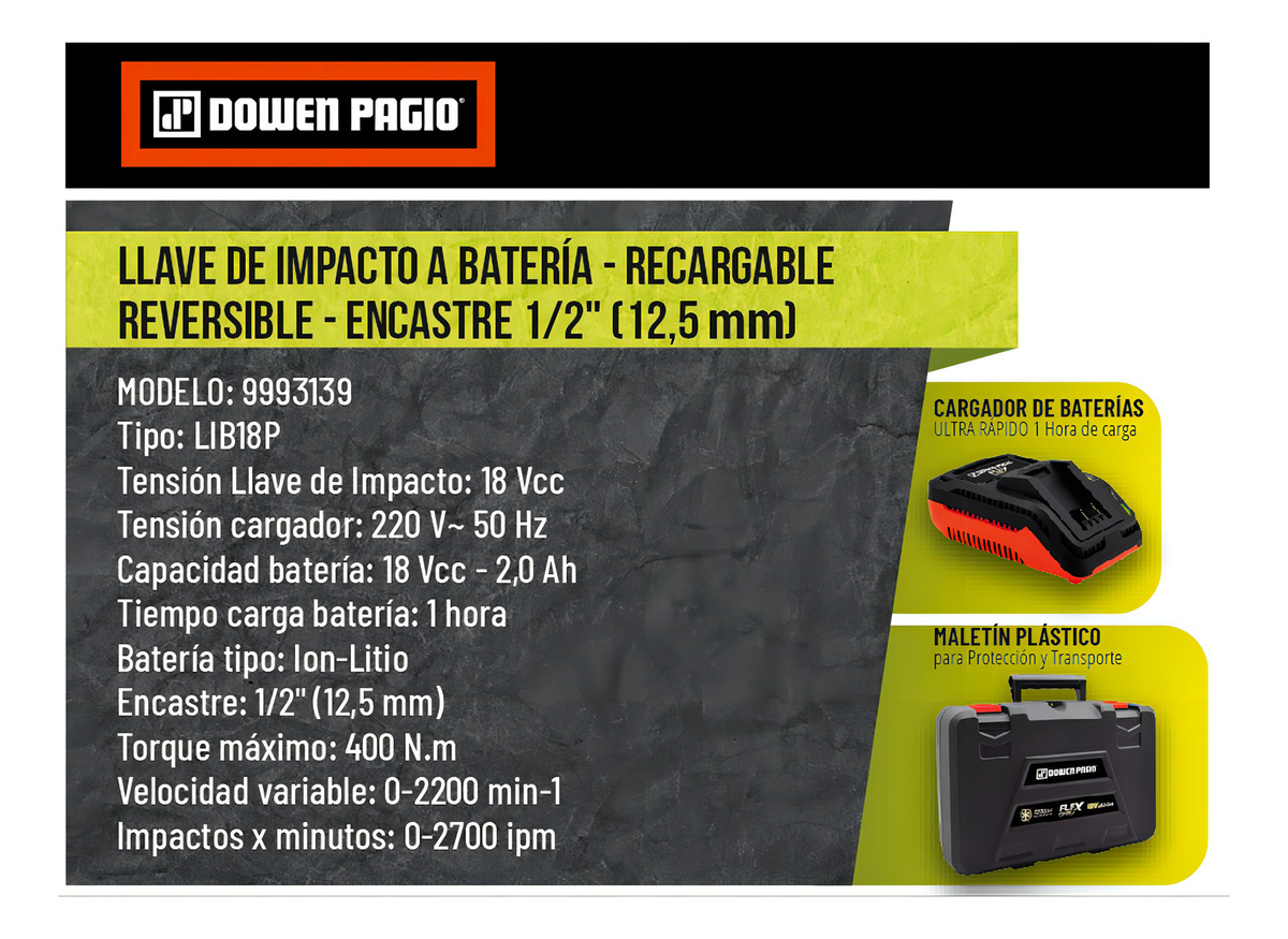 Llave Impacto Bateria Litio 18v Dowen Pagio 9993139 Maletin - Imagen 2