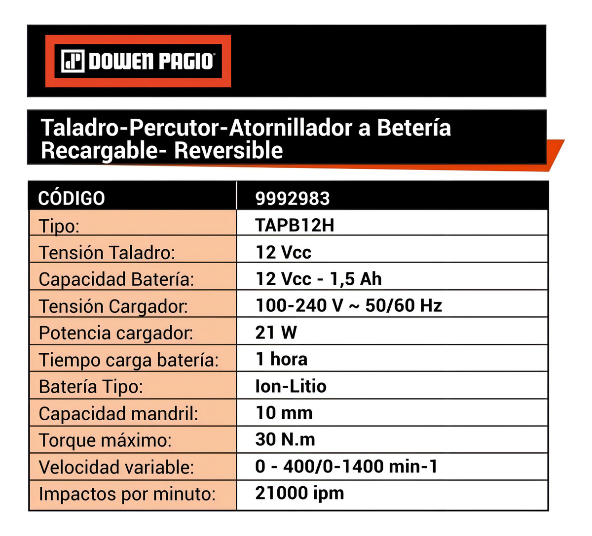 Taladro Percutor Inalámbrico De 10mm Dowen Pagio 9992983 - Imagen 2