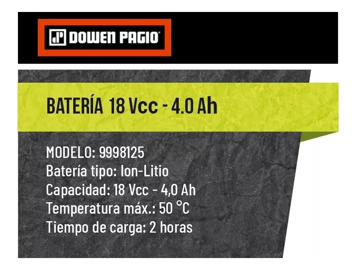 Bateria Dowen Pagio 9998125 18v 4.0 Ah Flex One Litio - Imagen 2