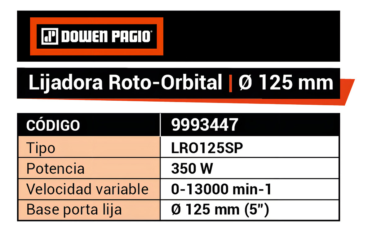 Lijadora Roto Orbital 350w Dowen Pagio 9993447 Lijas 125mm - Imagen 2