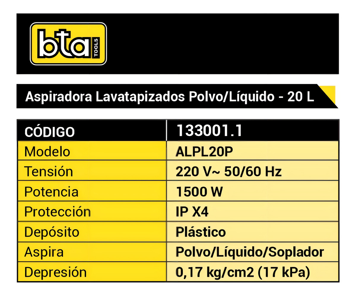 Aspiradora Lava Tapizado De Tacho Bta Tools Alpl20 20l Tr - Imagen 5